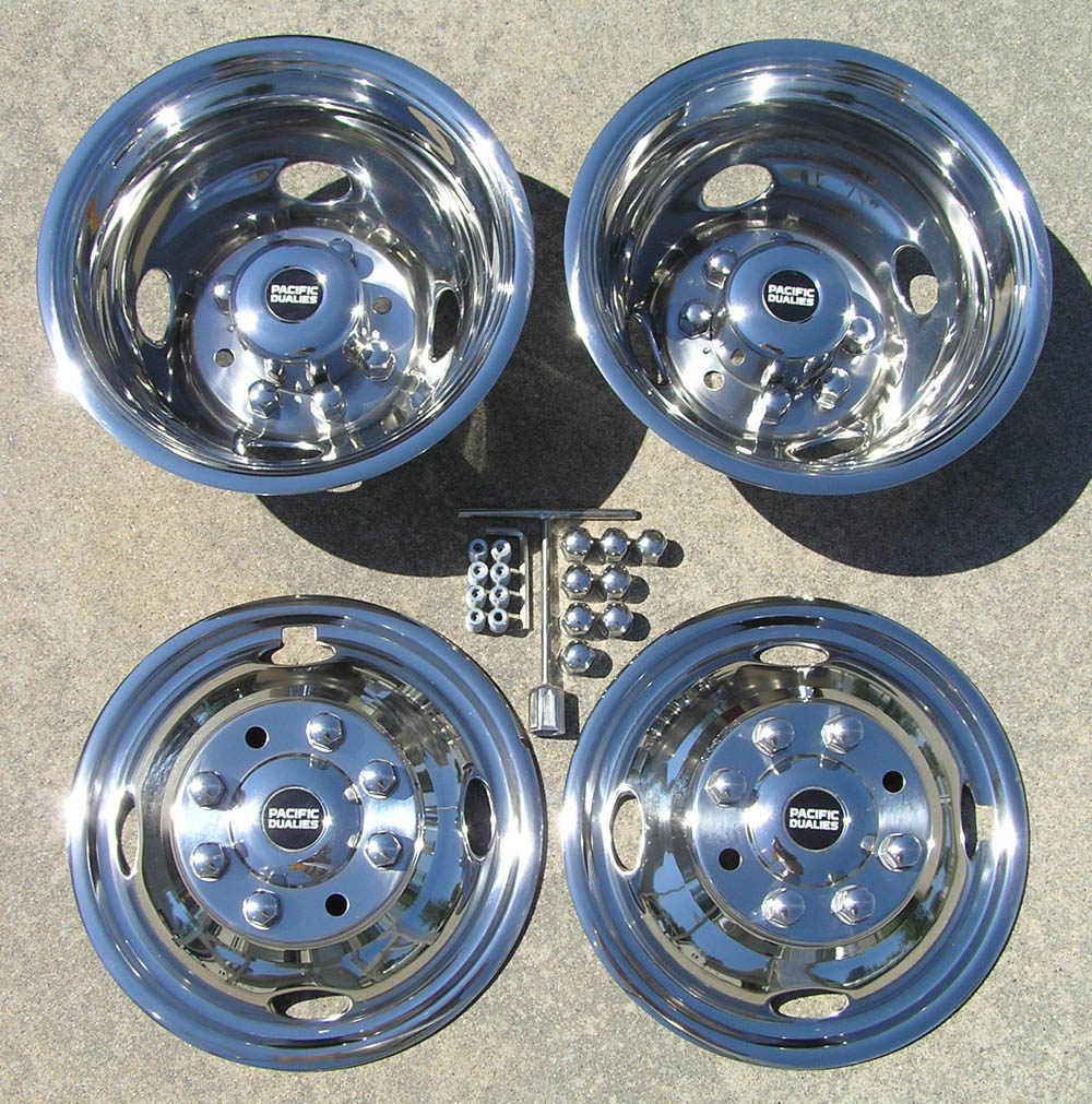 Kucaruce 4pcs 16 Polished Stainless Steel Dually Wheel Simulators,Nice Looking Bolt On Wheel Cover,8 Lug Hubcaps Compatible with Ford F350 1974-1998;E350/E450 1992-2021;Dodge Ram 3500 1974-1999 